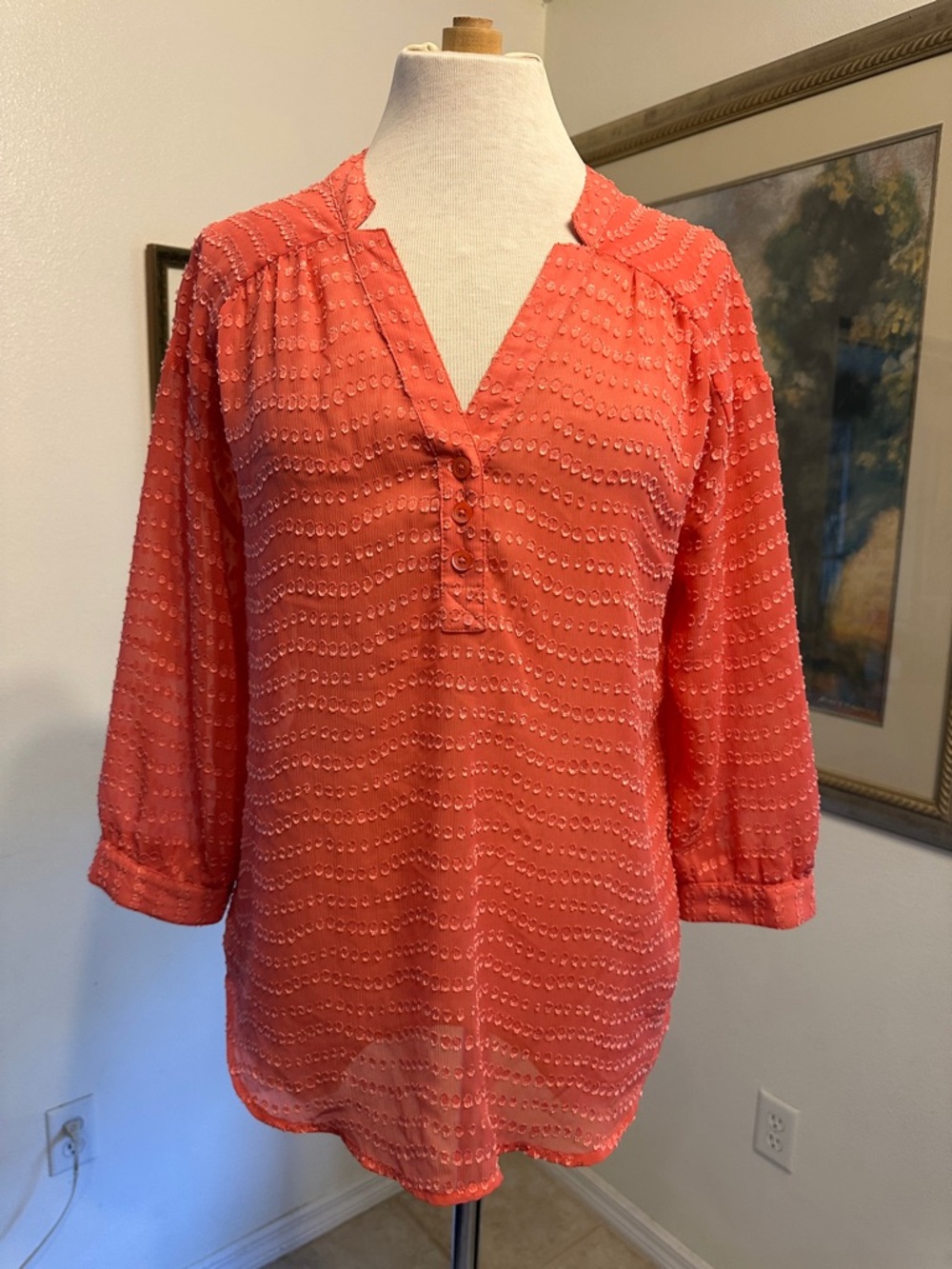 Ann Taylor Top- Coral Textured Button-Front Blouse Size Medium